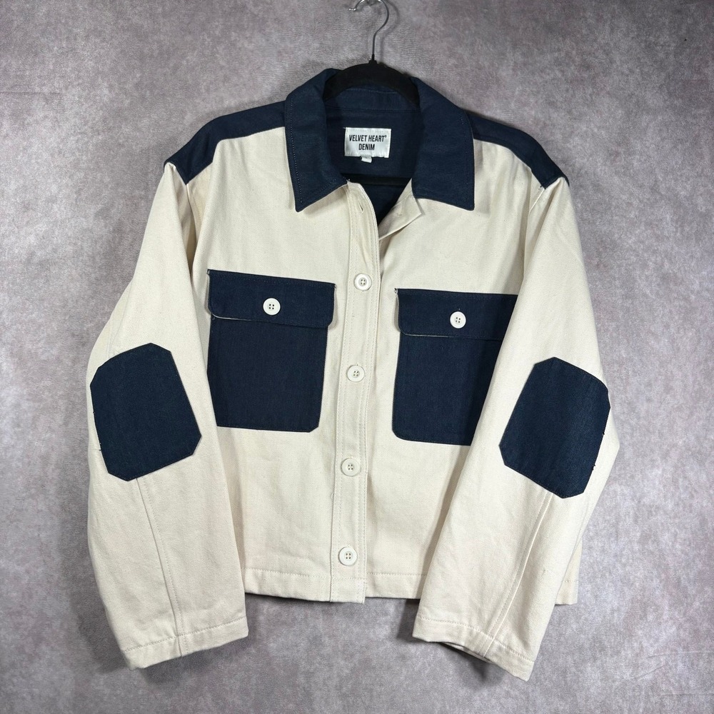 Velvet Heart Denim Utility Jacket Women Large Cream Blue Colorblock Button Front